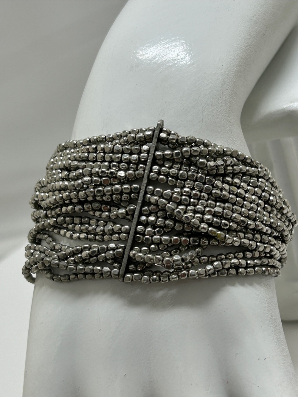 Ink + Alloy, Silver Metal Seed Bead Bracelet, 25 Strands, Great Movement